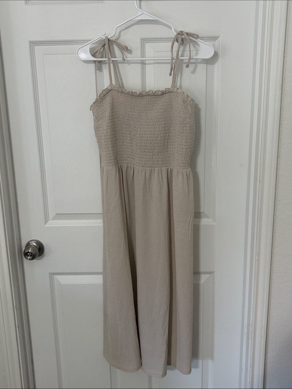 Divided Beige Tie-Shoulder Smocked Midi Dress